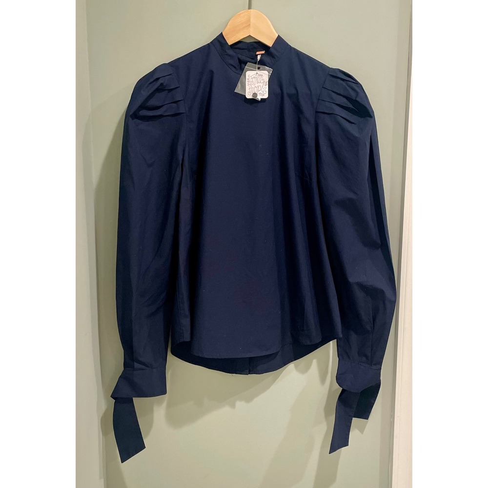 Free People Navy Blue Mock Neck Puff Sleeve Button Back Top XS NWT